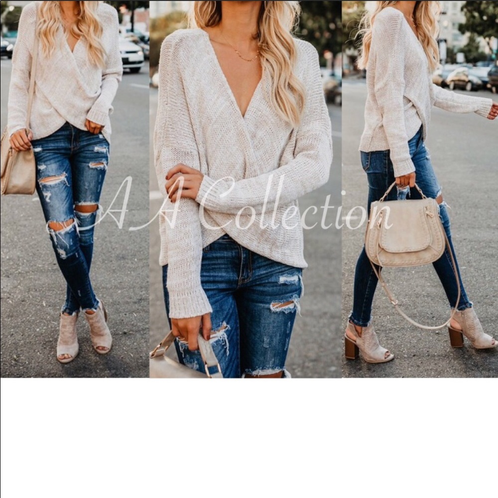 Oatmeal Criss Cross Faux Wrap Sweater - Picture 3 of 3